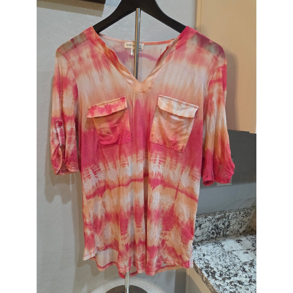 Faith and Joy Los Angeles Tie Dye Mesh Top Pink Orange Roll Tab Sleeve Small